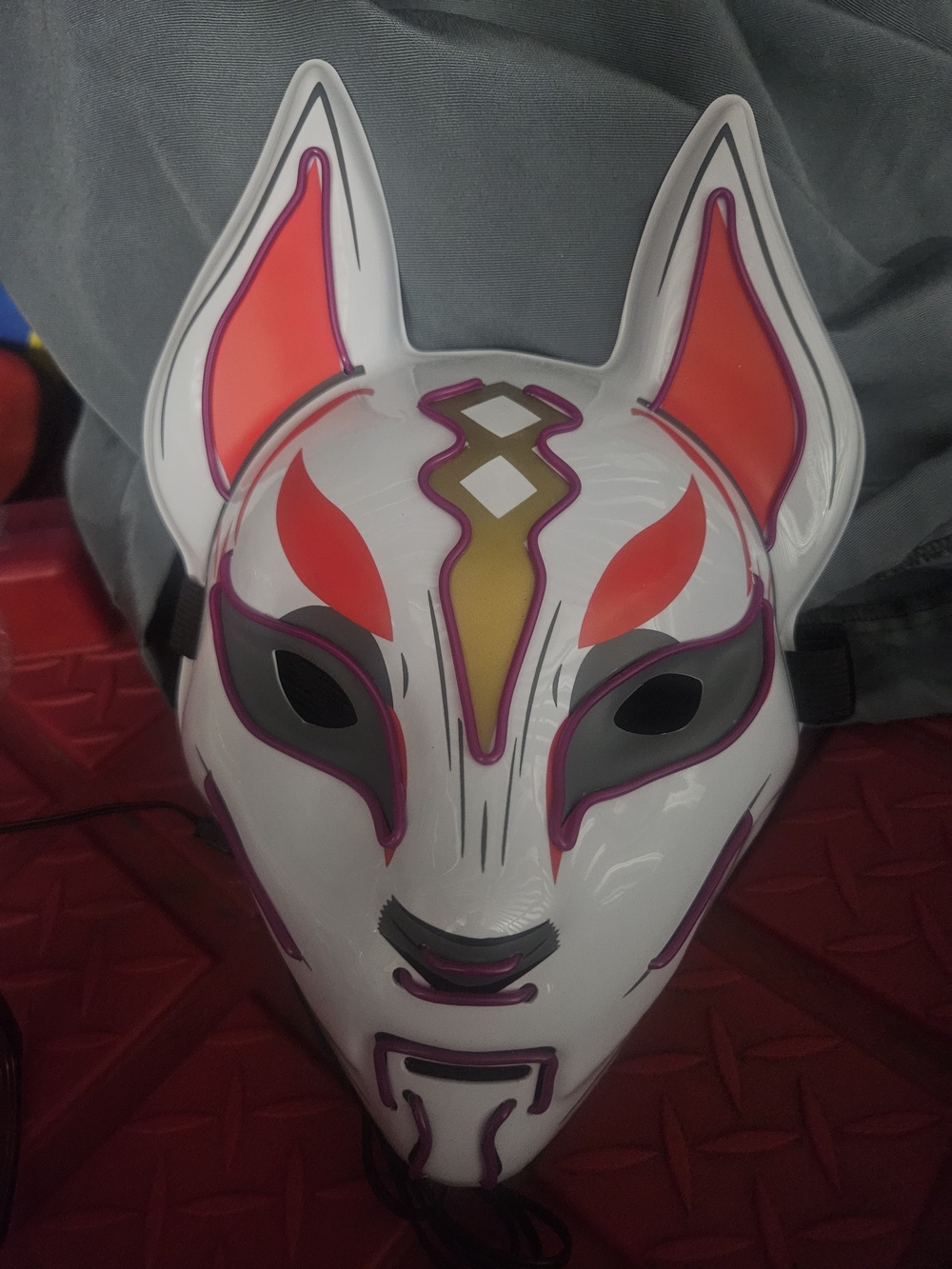 White Fox Face Mask Art with Red and Gold Accents - Lights Up Halloween